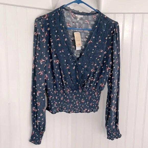 Self Esteem V-Neck Blouse with Crochet Trim and Smocked at hem and Sleeves - Picture 3 of 7